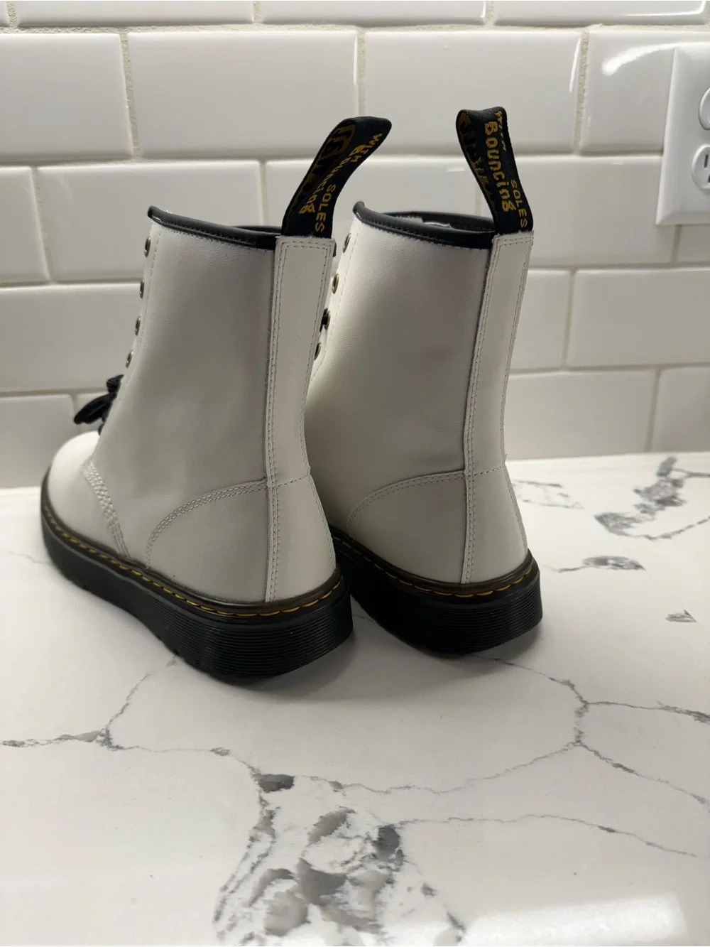 Dr. Martens White Leather Lace-Up Platform Boots with Black Sole